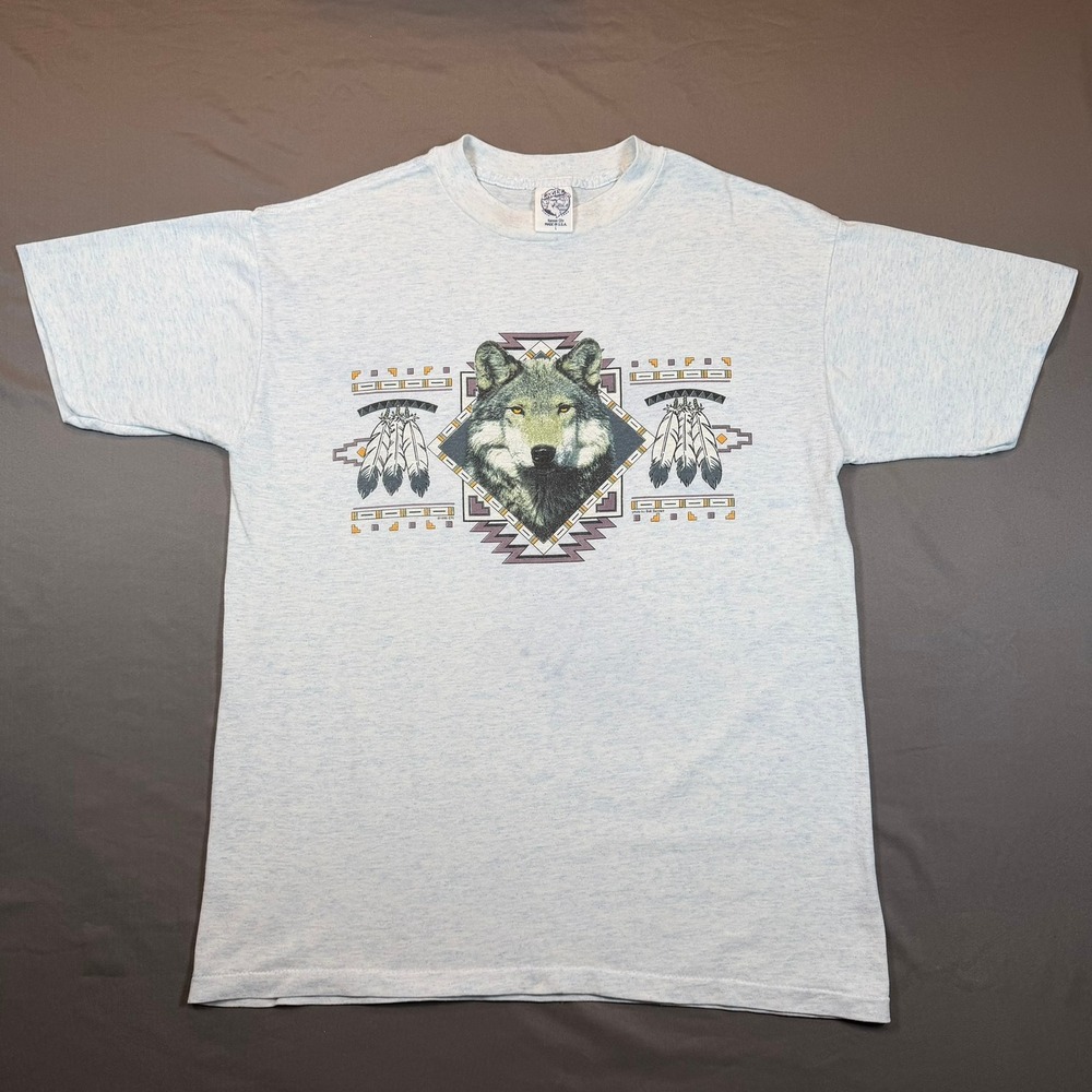 Vintage Eagle Products Wolf Graphic T Shirt Light Blue Heather Southwestern L
